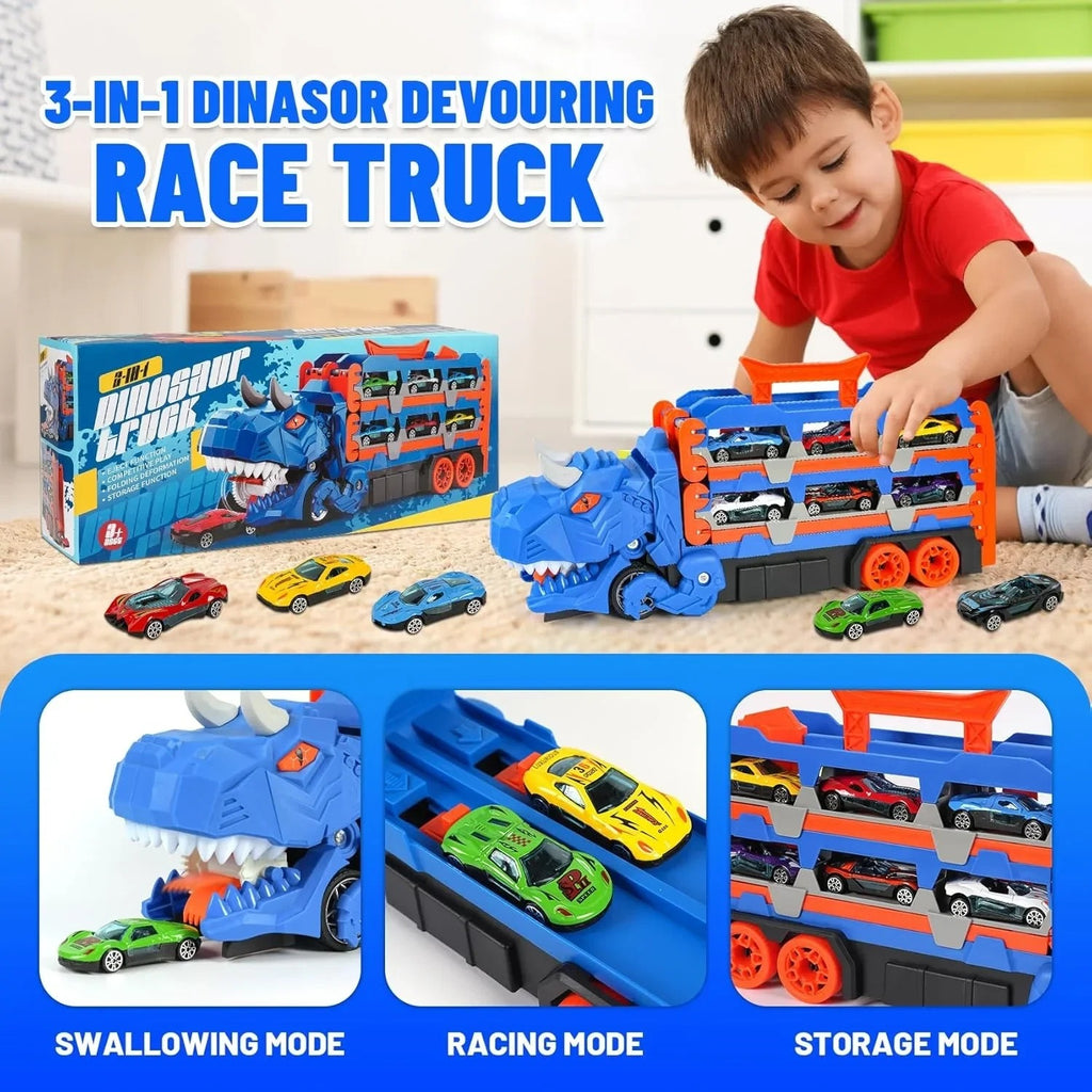 3in1 Dinosaur Race Track Toys with 12 Alloy Cars Transforming Sliding Catapult Track