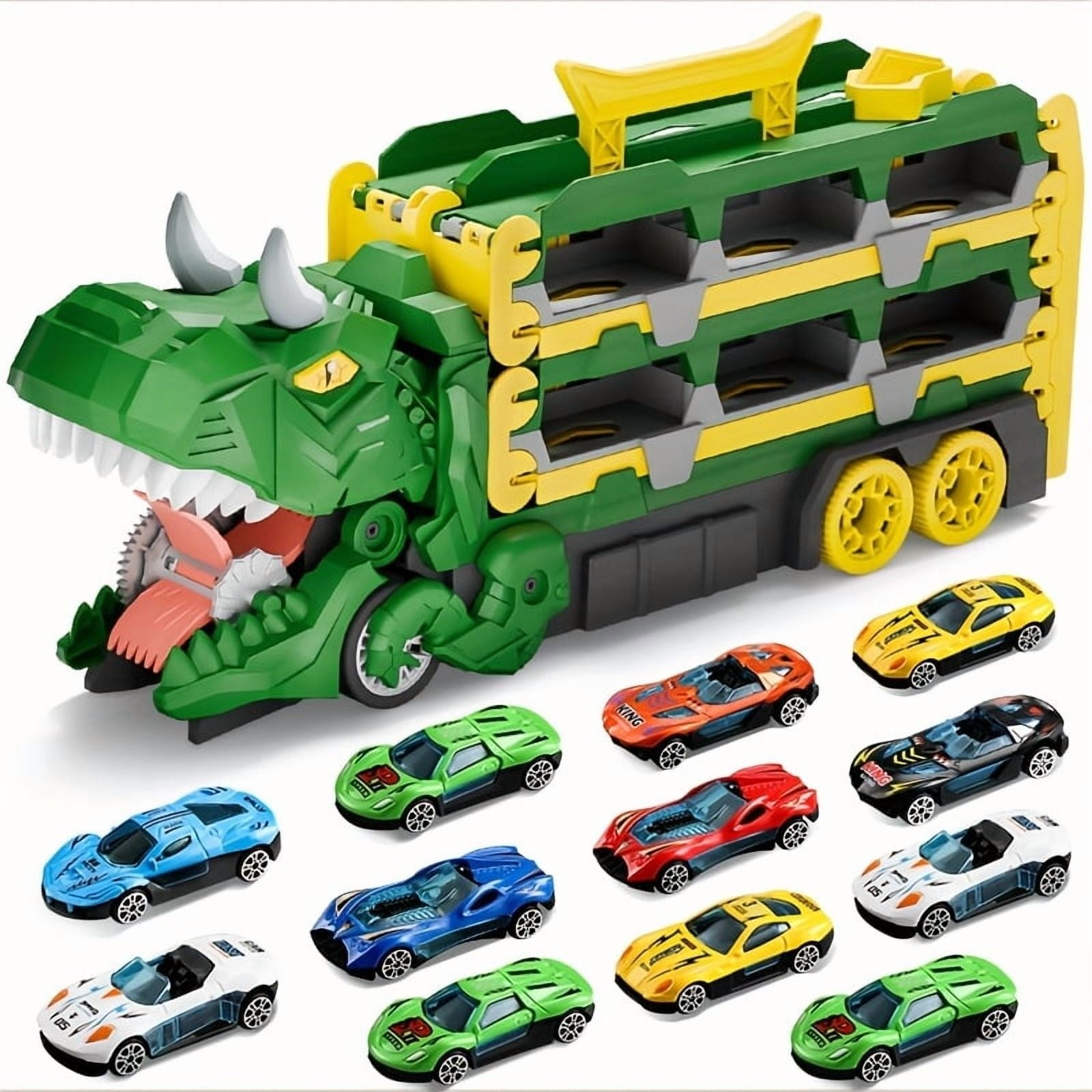 3in1 Dinosaur Race Track Toys with 12 Alloy Cars Transforming Sliding Catapult Track