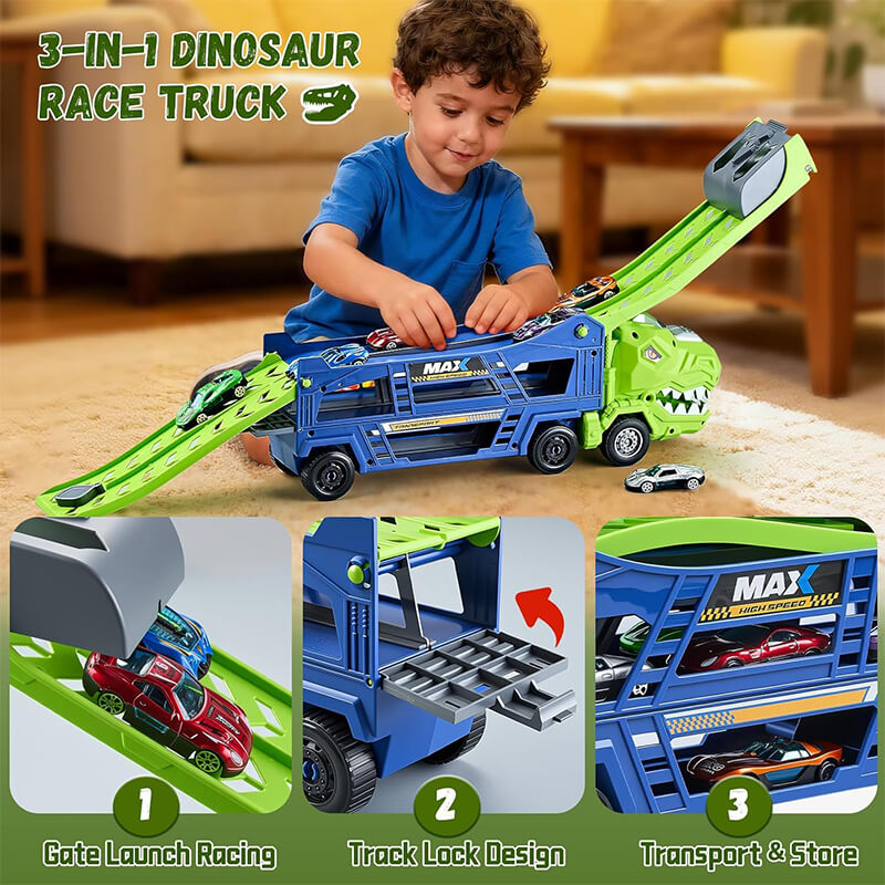 Kids 3 in 1 Dinosaur Truck Toys Foldable Race Tracks Car with 6 Alloy Cars Christmas Gifts