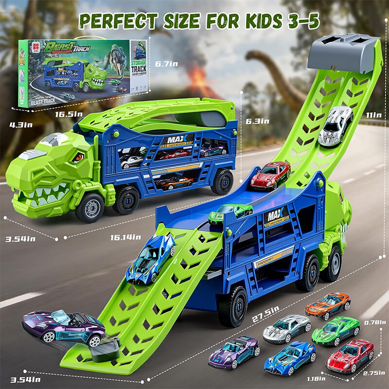 Kids 3 in 1 Dinosaur Truck Toys Foldable Race Tracks Car with 6 Alloy Cars Christmas Gifts
