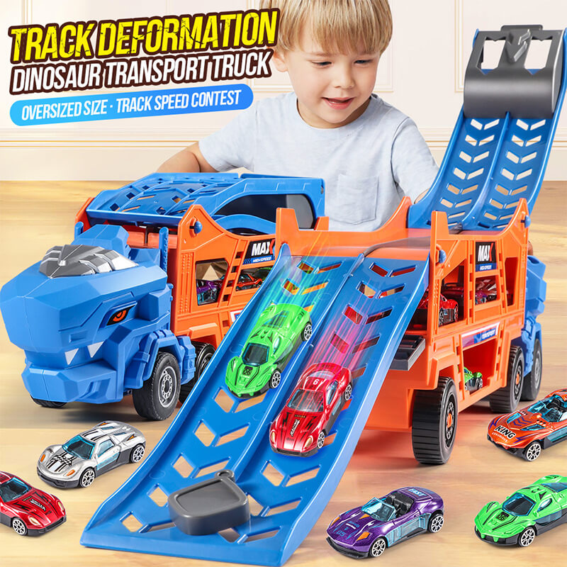 Kids 3 in 1 Dinosaur Truck Toys Foldable Race Tracks Car with 6 Alloy Cars Christmas Gifts