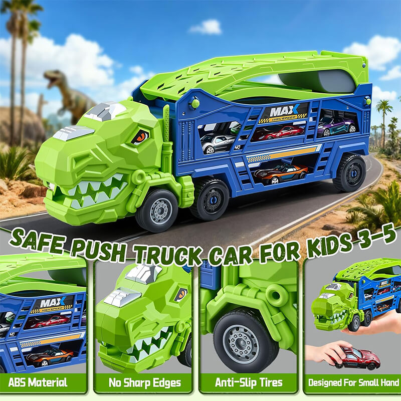Kids 3 in 1 Dinosaur Truck Toys Foldable Race Tracks Car with 6 Alloy Cars Christmas Gifts