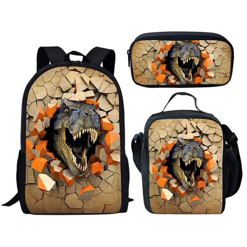 Kids 3pcs Dino Backpack Set Boys Large Capacity Backpack Lunch Bag Pencil Case For Primary School