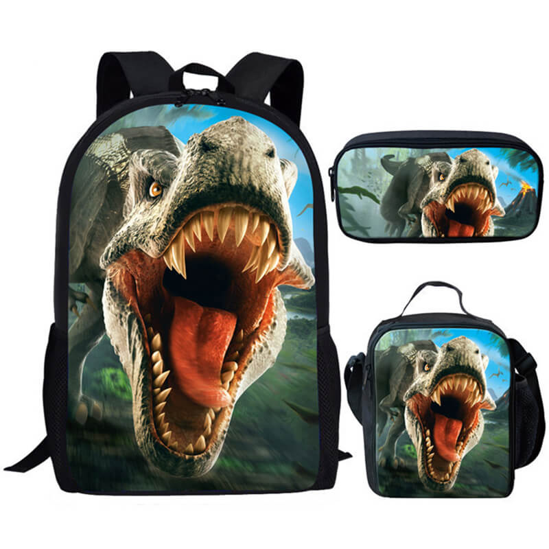 Kids 3pcs Dino Backpack Set Boys Large Capacity Backpack Lunch Bag Pencil Case For Primary School
