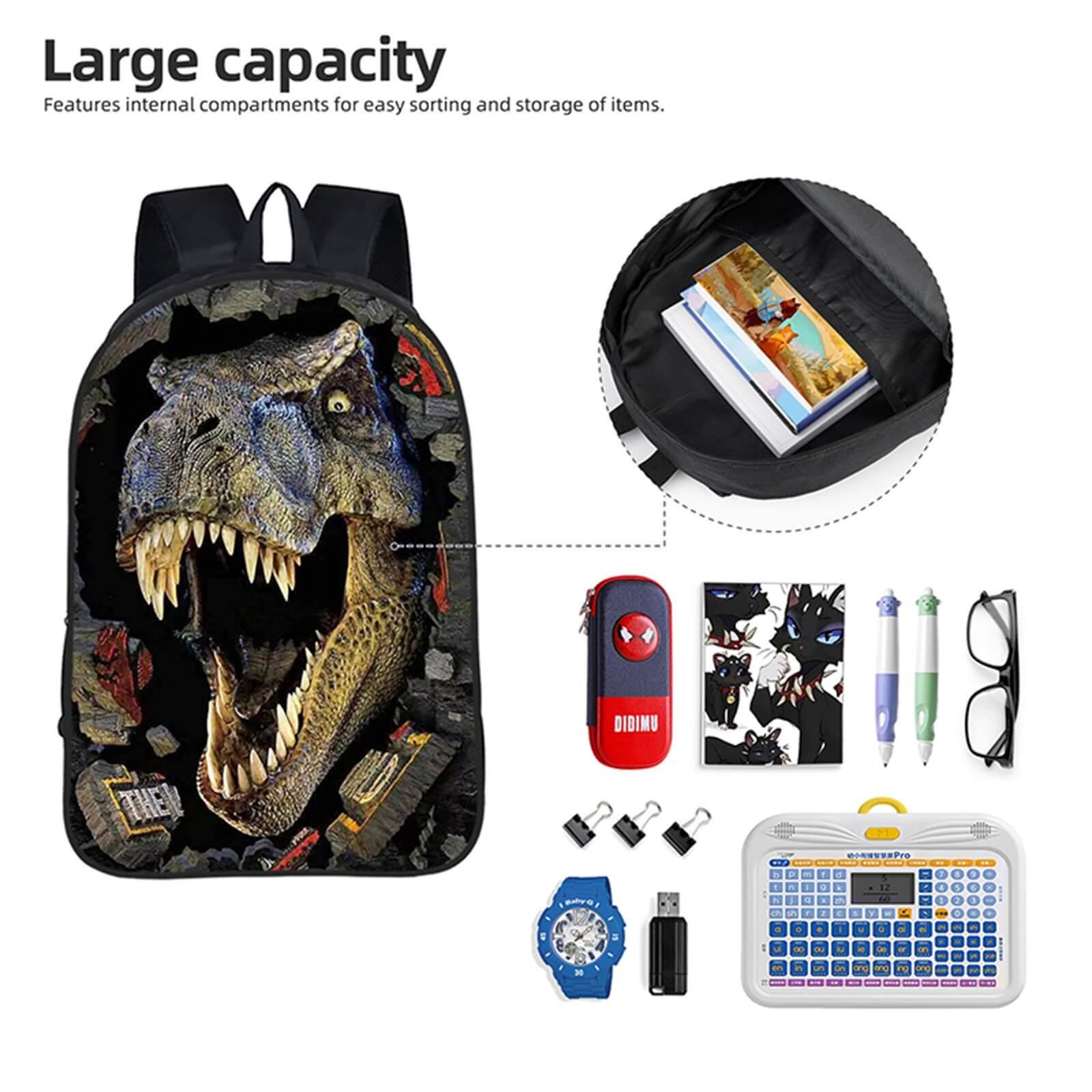 Kids 3pcs Dino Backpack Set Boys Large Capacity Backpack Lunch Bag Pencil Case For Primary School