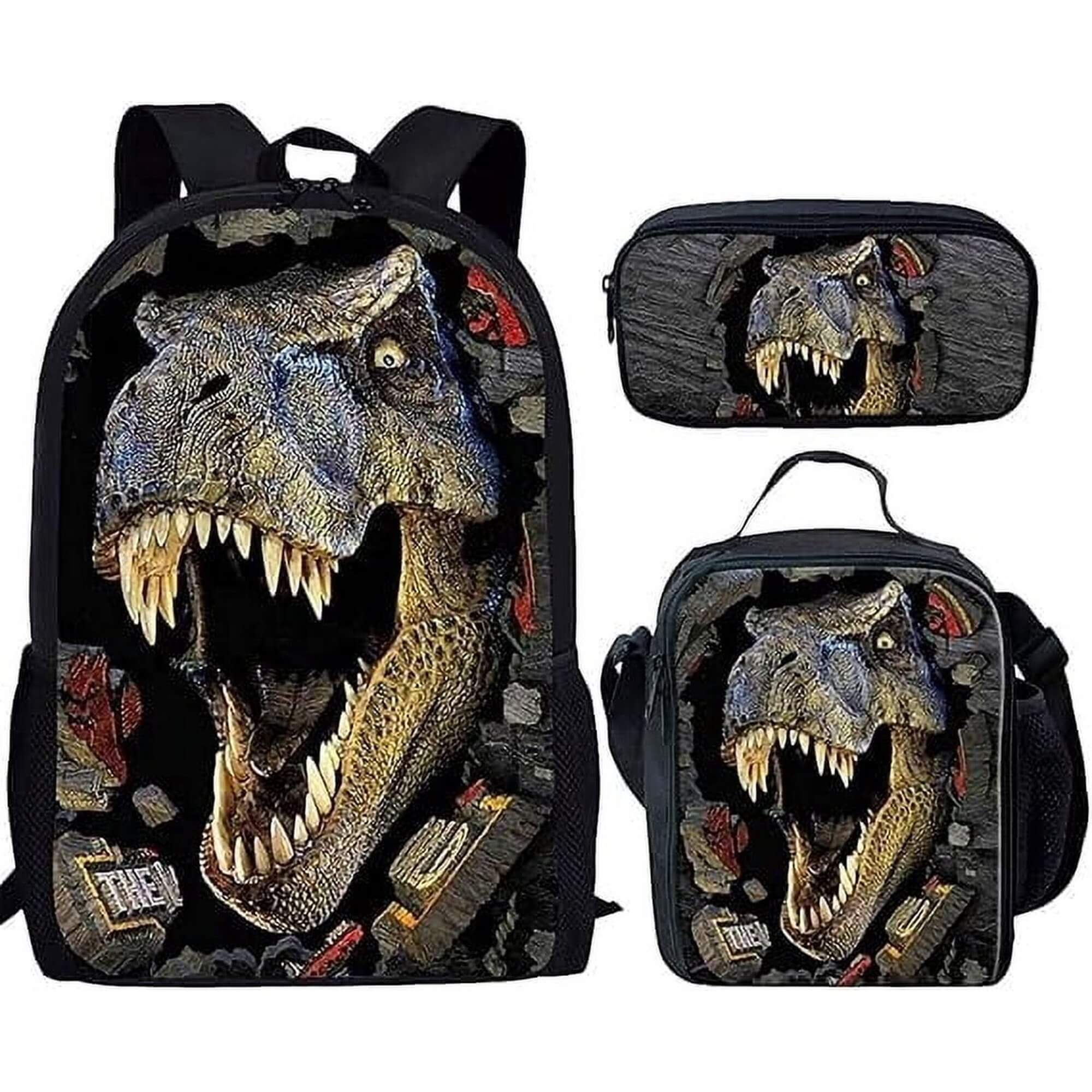 Kids 3pcs Dino Backpack Set Boys Large Capacity Backpack Lunch Bag Pencil Case For Primary School