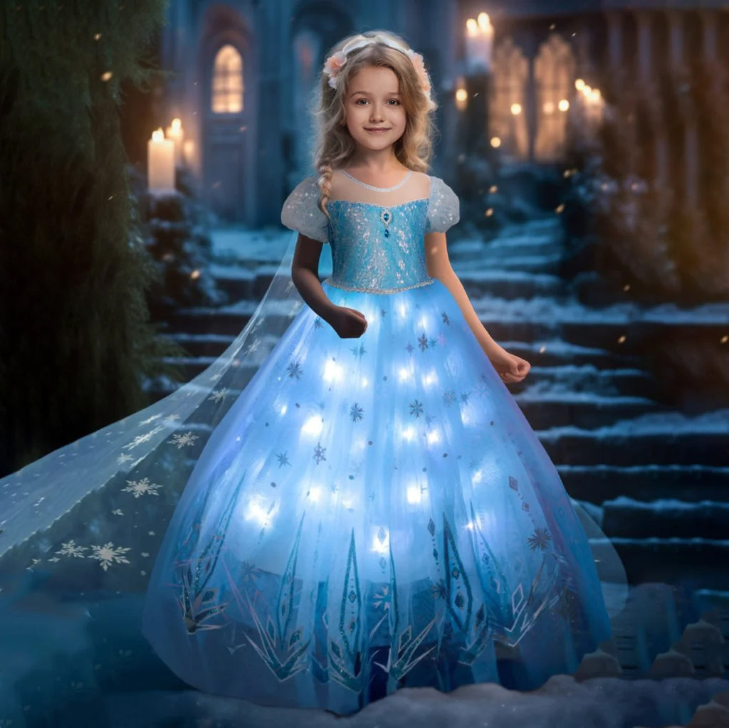 Girls Elsa Light Up Dress with Cape Princess LED Dress Snow Queen Tutu Dress for Cosplay Party