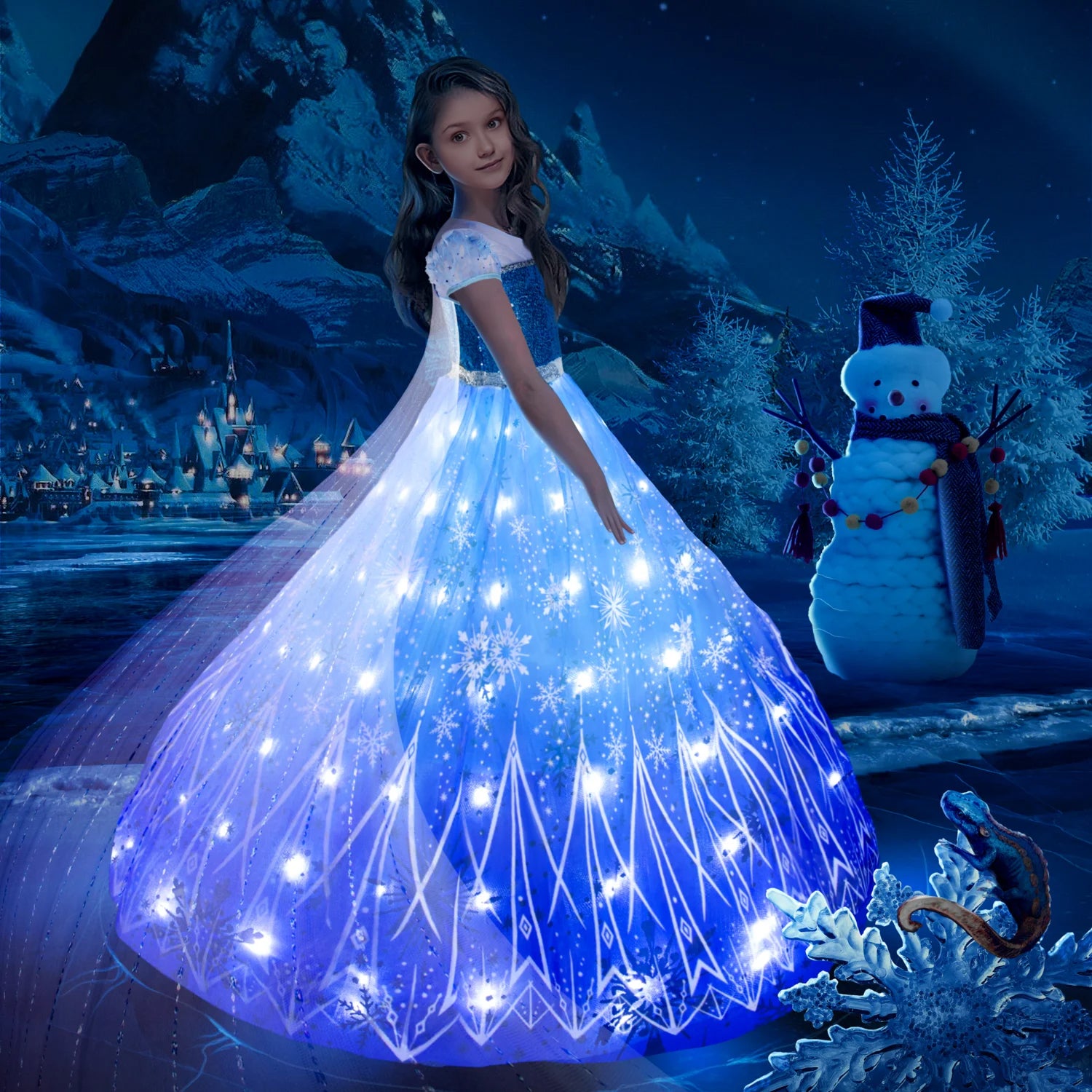 Elsa Costume Princess Dress Girls Light Up Dress Snowflake Trailing Pa – Sun Baby