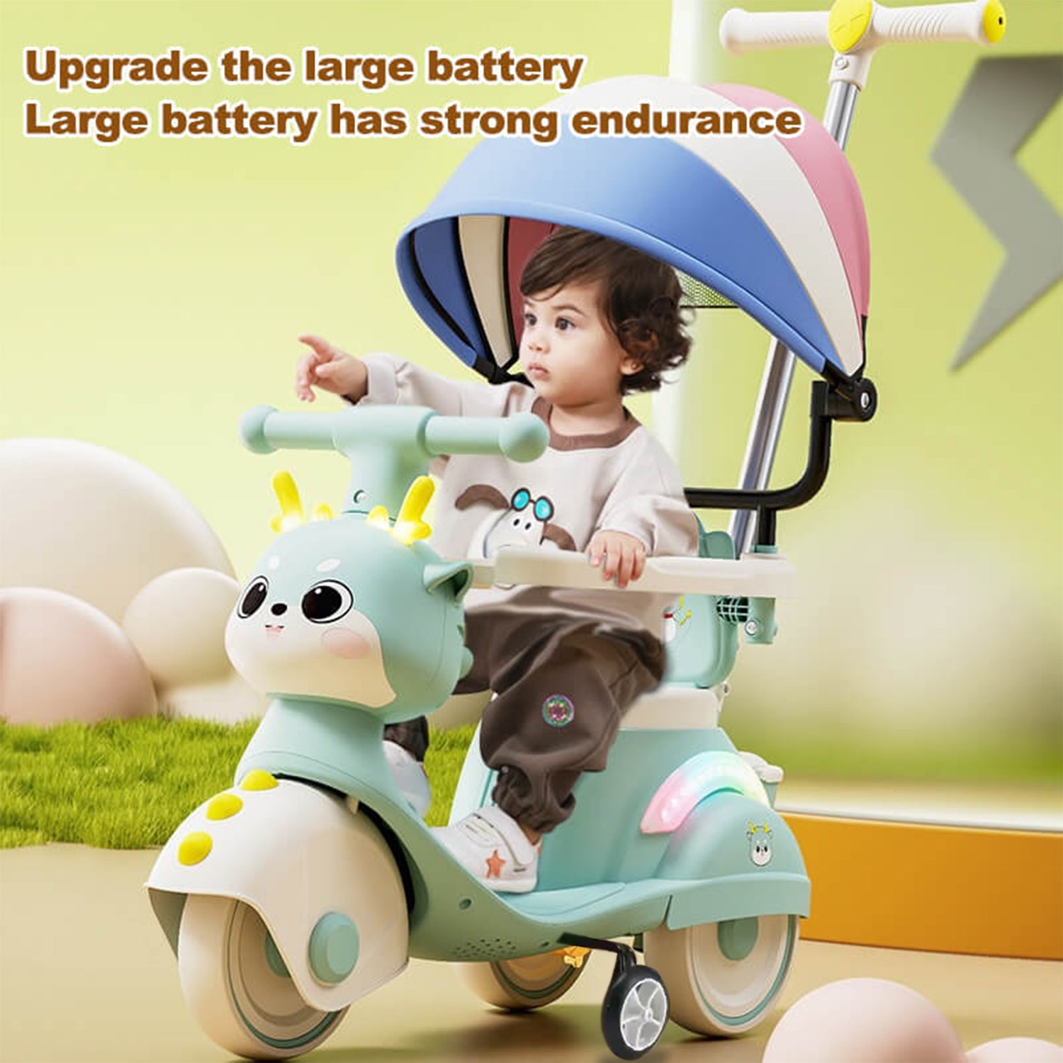 4-IN-1 Electric Push Car Toddler 6V Cartoon Ride-on Toy with Training Wheels and Detachable Handle