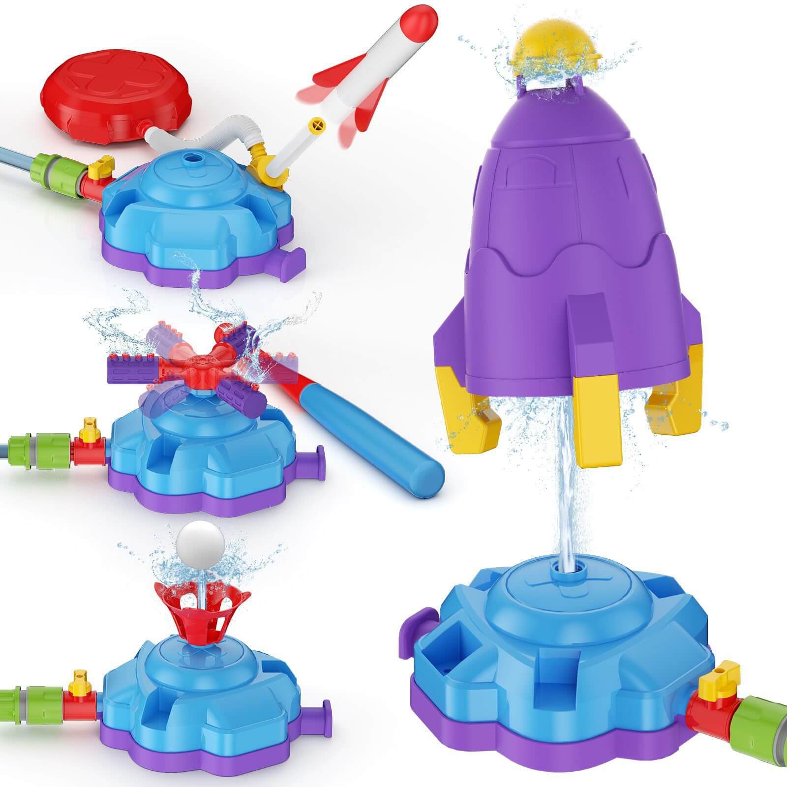 4 IN 1 Kids Water Sprinkler Set Lifting Rocket Sprinkler Baseball & Rocket Toy Outdoor Summer Game for Aged 2 +