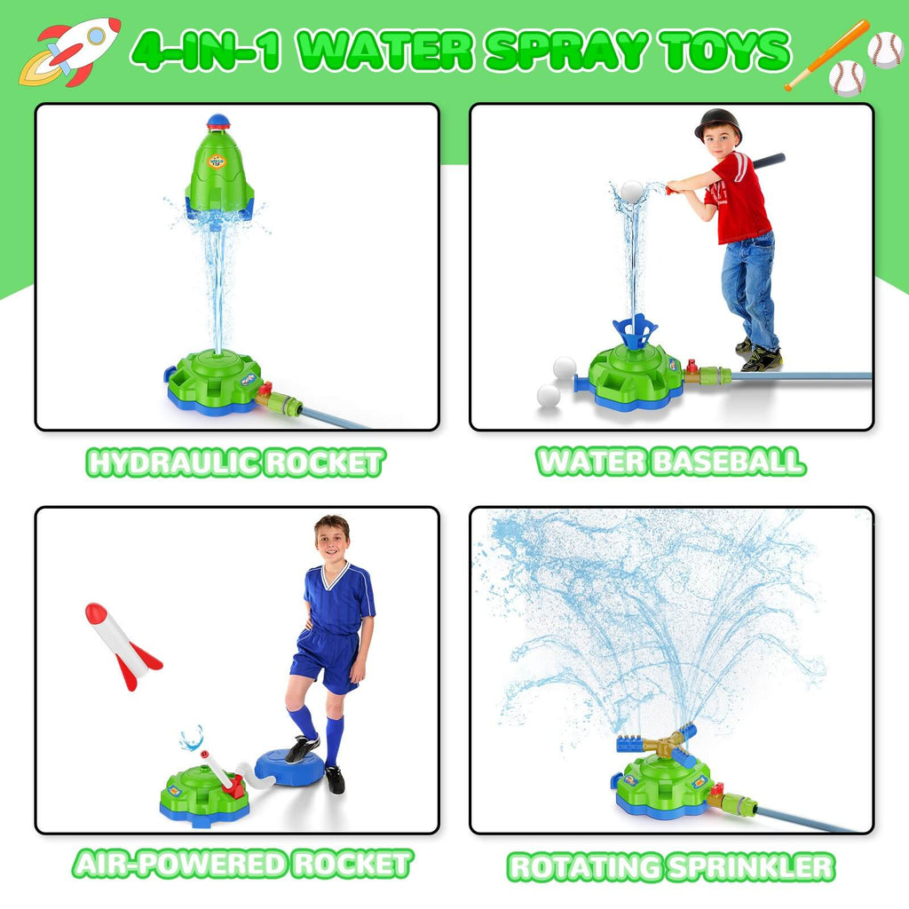 4 IN 1 Kids Water Sprinkler Set Lifting Rocket Sprinkler Baseball & Rocket Toy Outdoor Summer Game for Aged 2 +