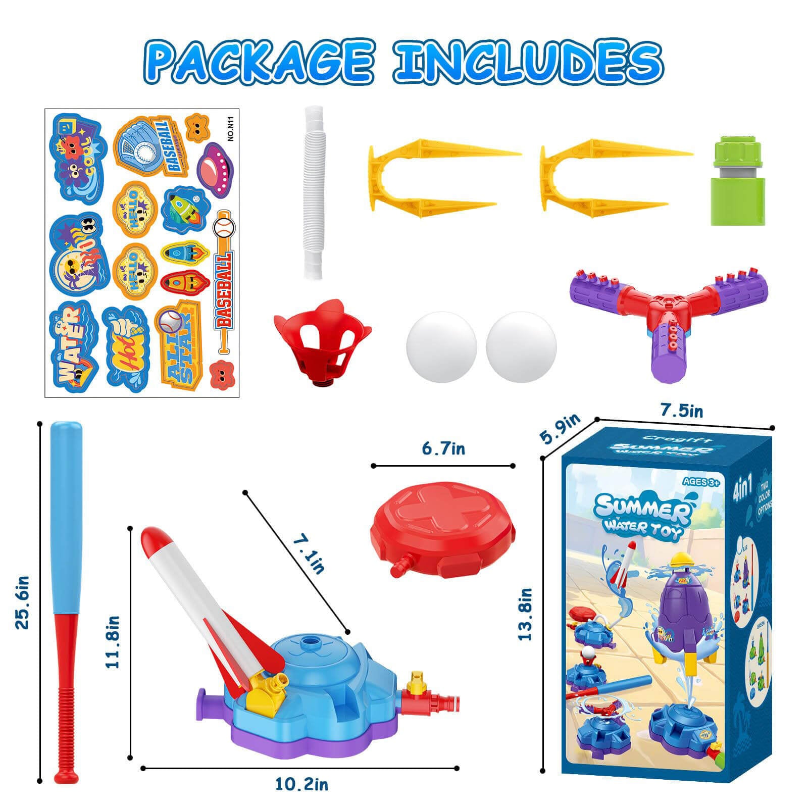4 IN 1 Kids Water Sprinkler Set Lifting Rocket Sprinkler Baseball & Rocket Toy Outdoor Summer Game for Aged 2 +