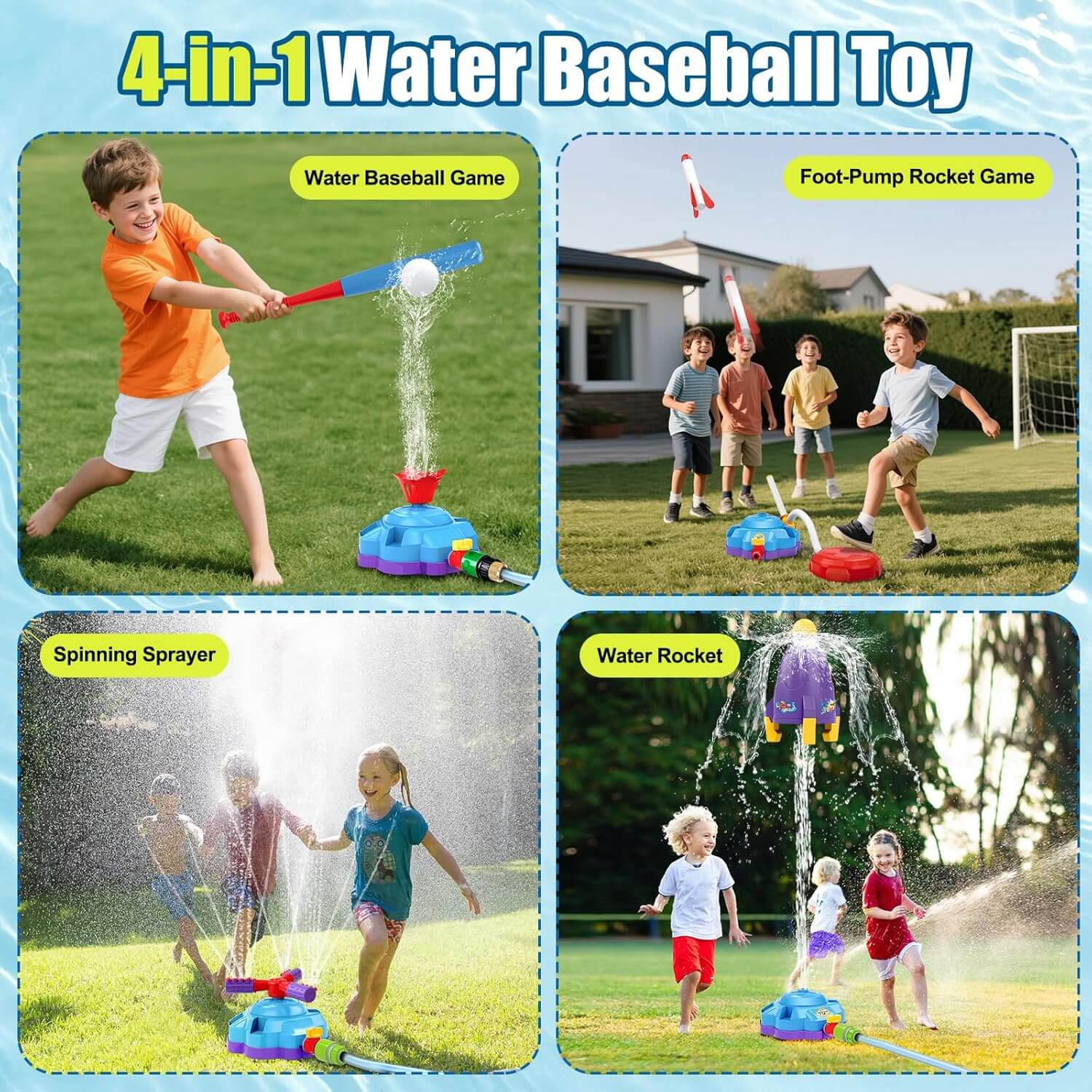 4 IN 1 Kids Water Sprinkler Set Lifting Rocket Sprinkler Baseball & Rocket Toy Outdoor Summer Game for Aged 2 +