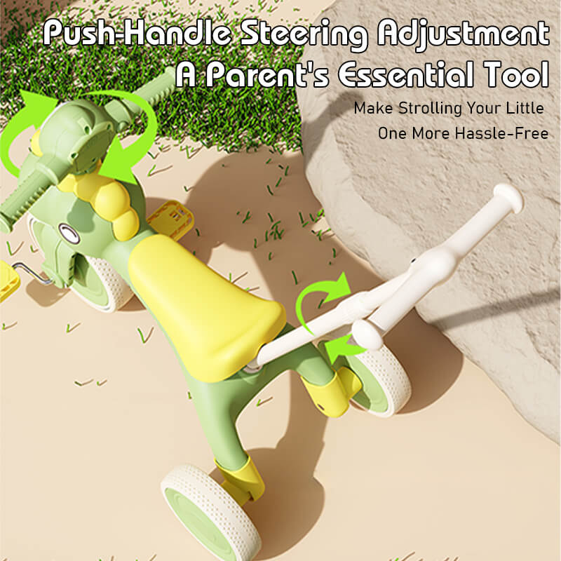 4-in-1 Toddler Tricycle Dino Balance Bike Push Trike with Detachable Push Handle, Music, Light