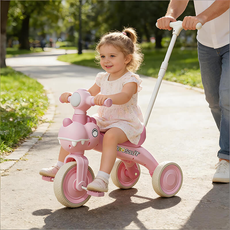 4-in-1 Toddler Tricycle Dino Balance Bike Push Trike with Detachable Push Handle, Music, Light