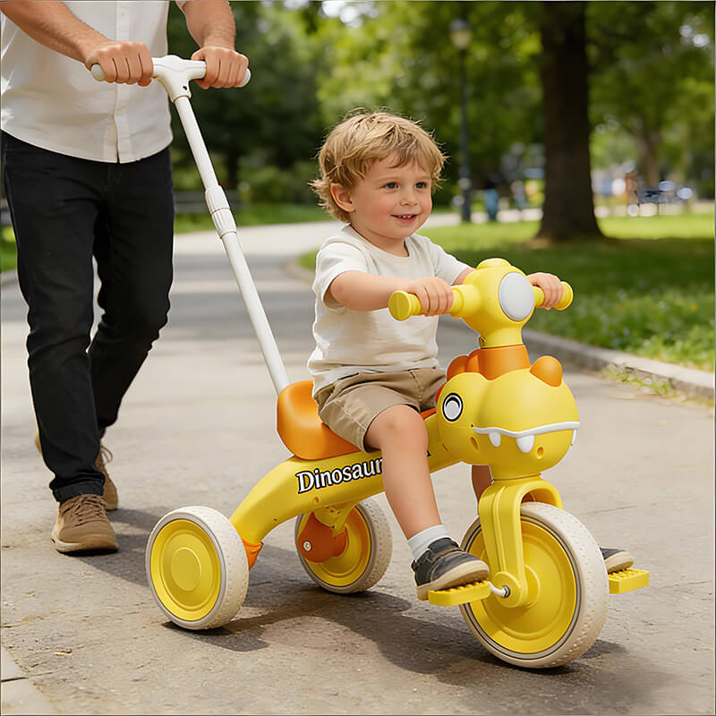 4-in-1 Toddler Tricycle Dino Balance Bike Push Trike with Detachable Push Handle, Music, Light