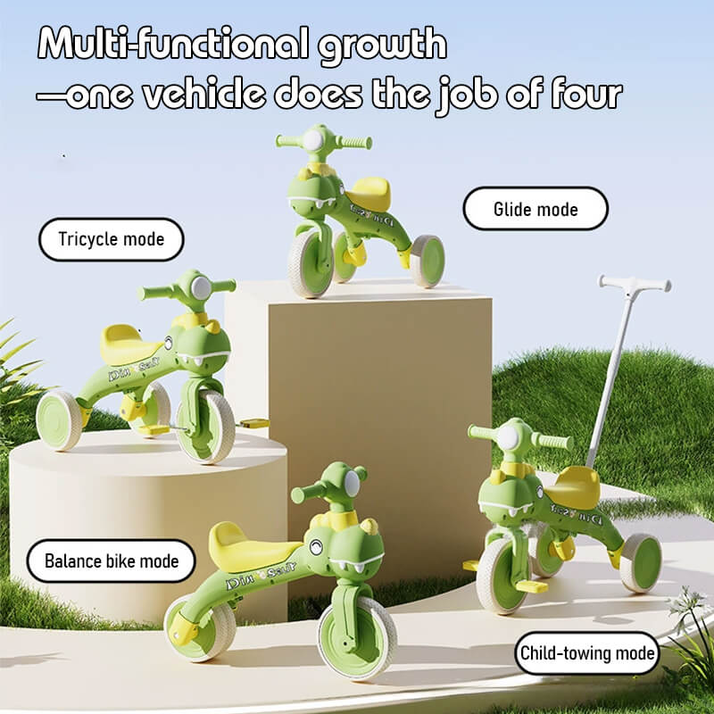 4-in-1 Toddler Tricycle Dino Balance Bike Push Trike with Detachable Push Handle, Music, Light