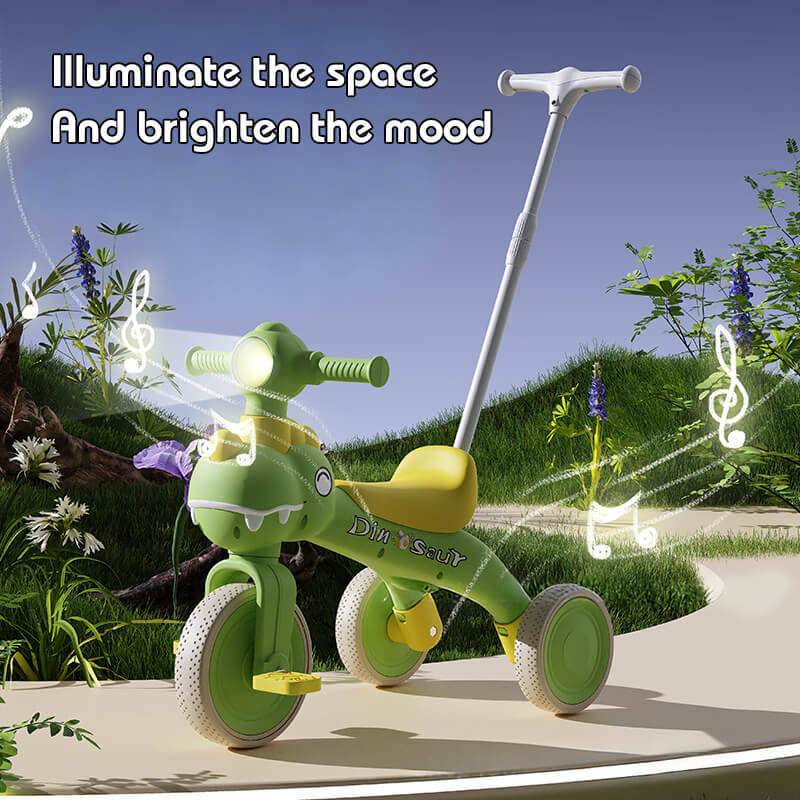 4-in-1 Toddler Tricycle Dino Balance Bike Push Trike with Detachable Push Handle, Music, Light