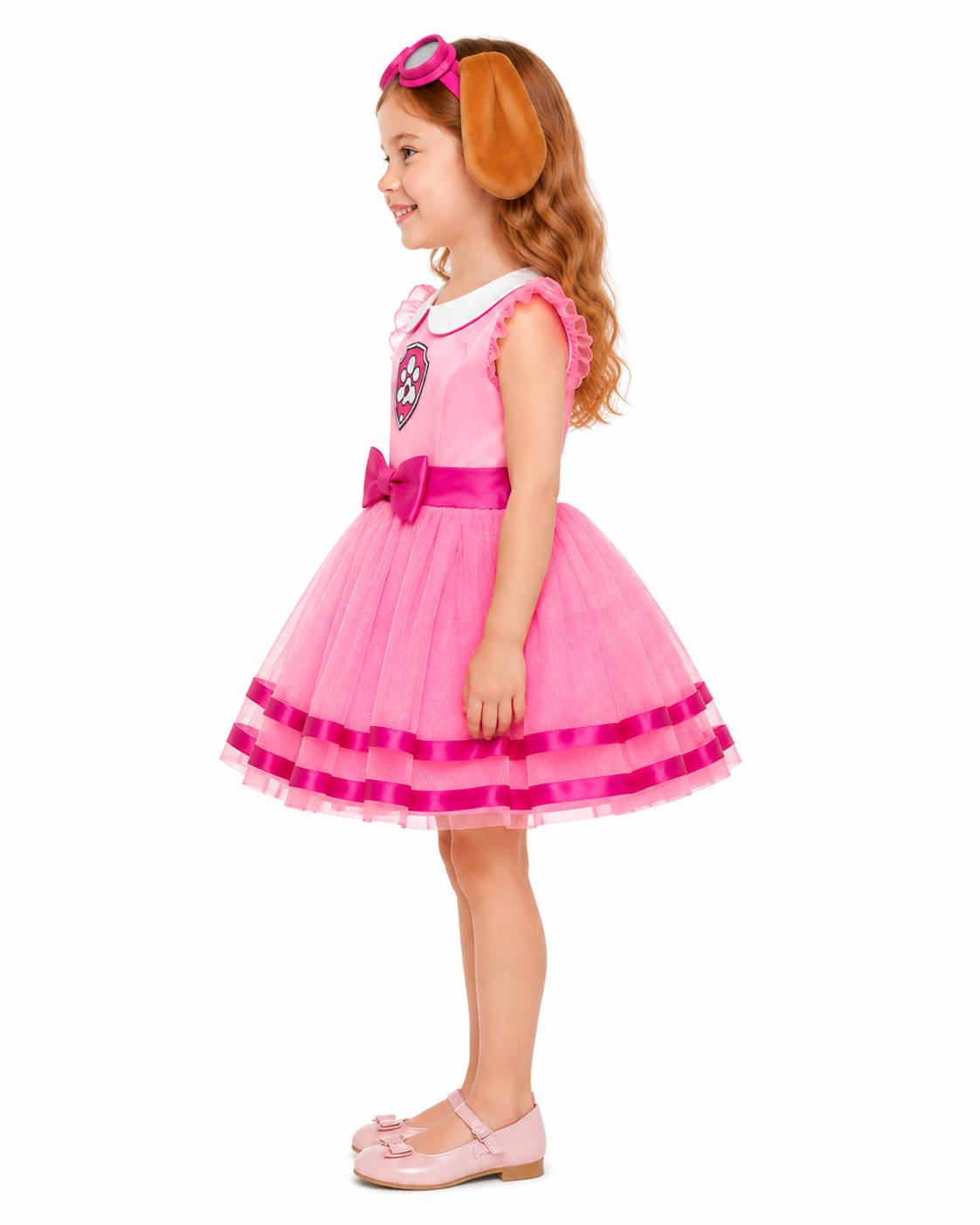Girls Skye Costume Pink Aviator Puppy Tulle Dress with Goggles Headband for Cosplay Birthday Party