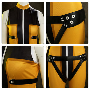 Adult Go! Go! Loser Ranger Costume Yellow Keeper Jumpsuit with Leg Harness Strap Suit