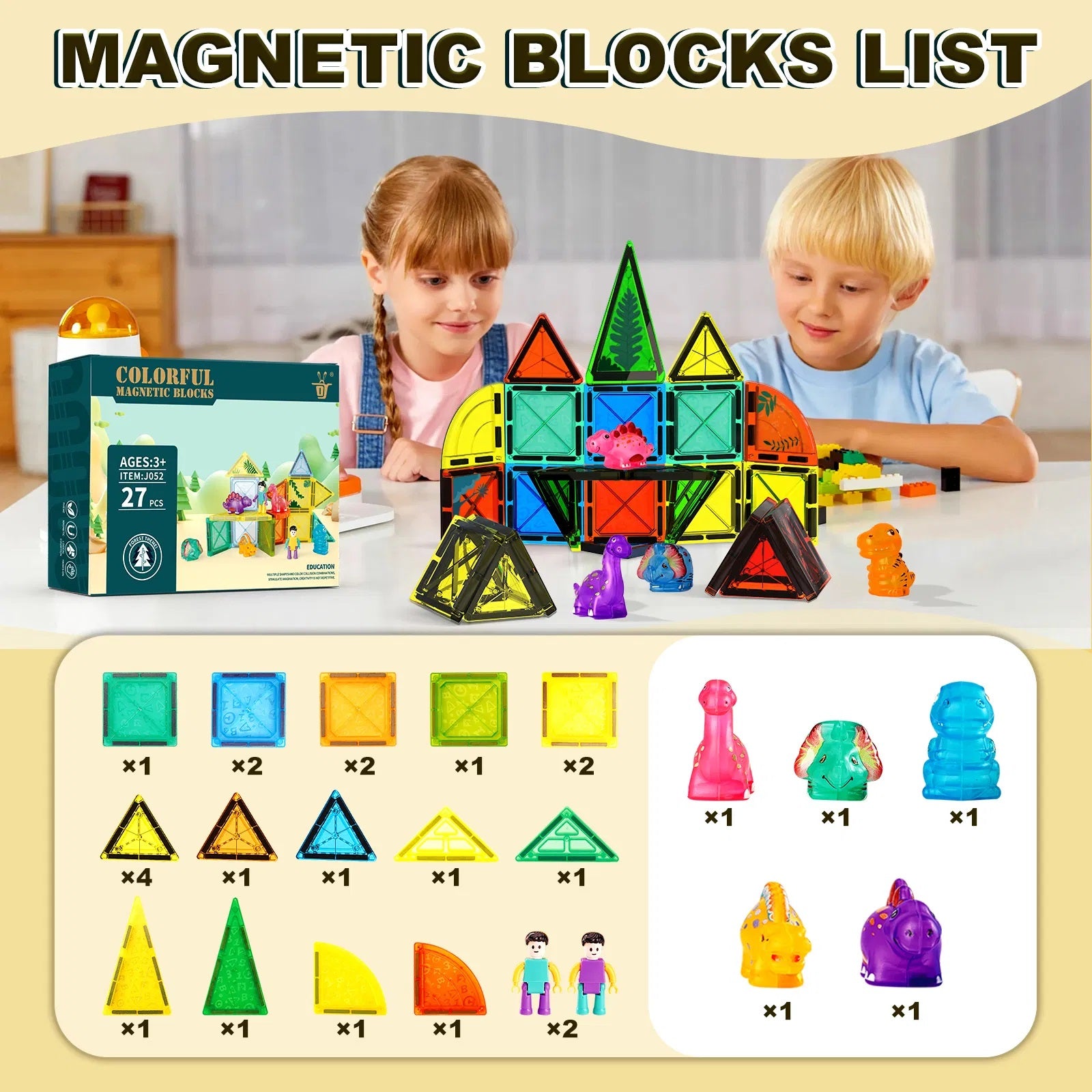 27pcs Magnet Tile Building Blocks with Dinosaur Doll Learning Educational Toy Holiday Gift
