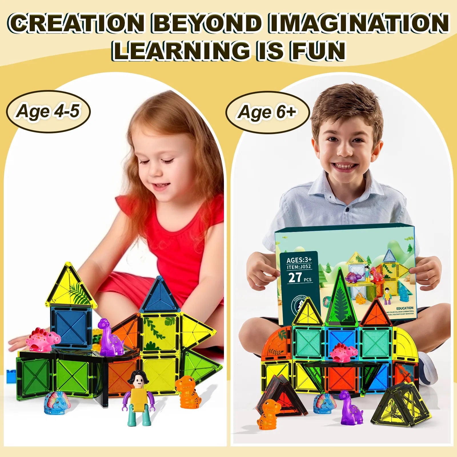 27pcs Magnet Tile Building Blocks with Dinosaur Doll Learning Educational Toy Holiday Gift