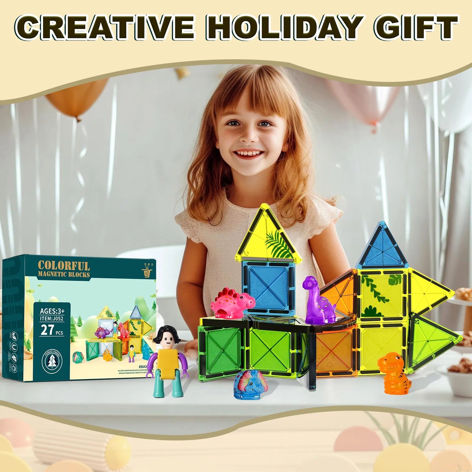 27pcs Magnet Tile Building Blocks with Dinosaur Doll Learning Educational Toy Holiday Gift