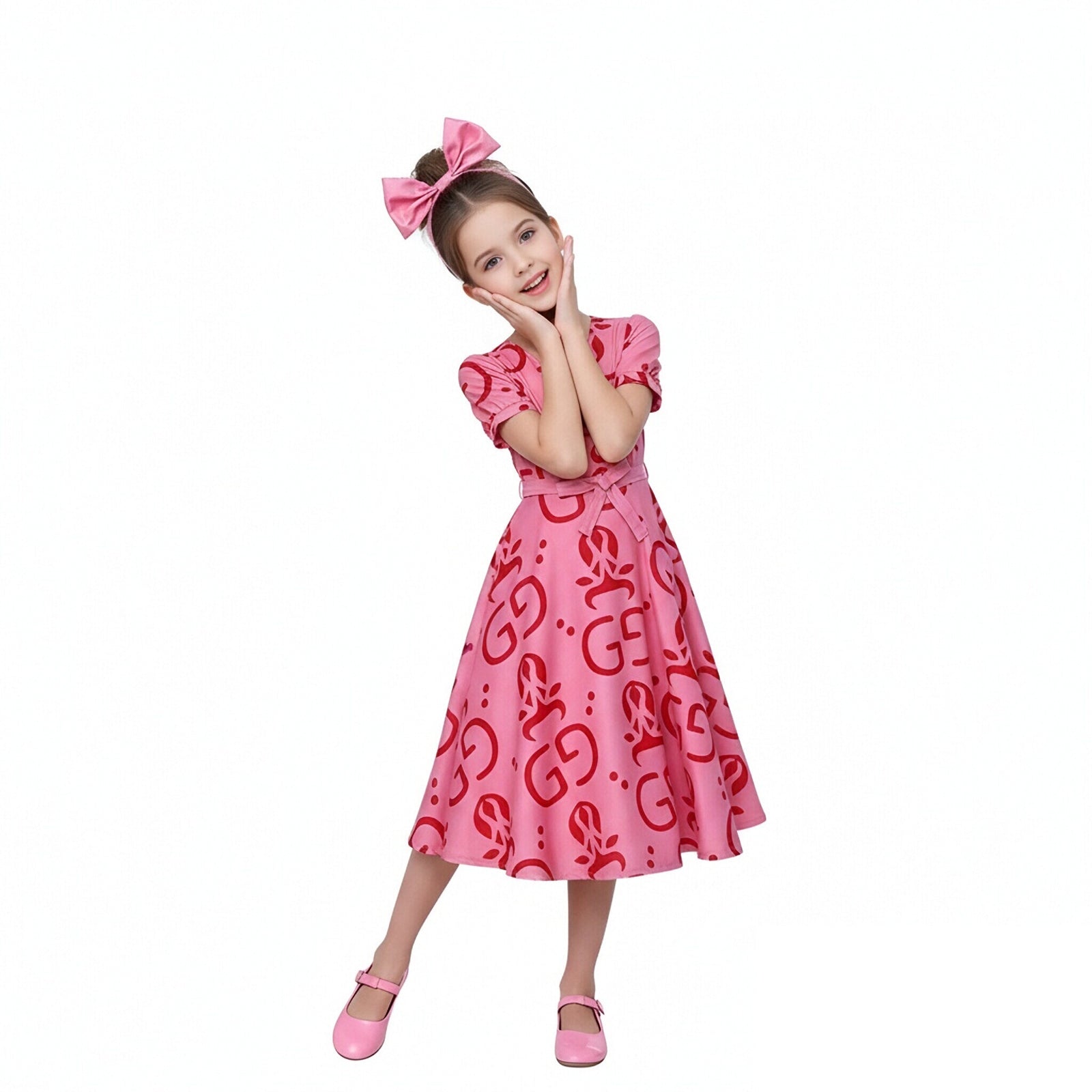 Mommy and Me Pink Dress Flared Party Outfit with Belt and Matching Headband