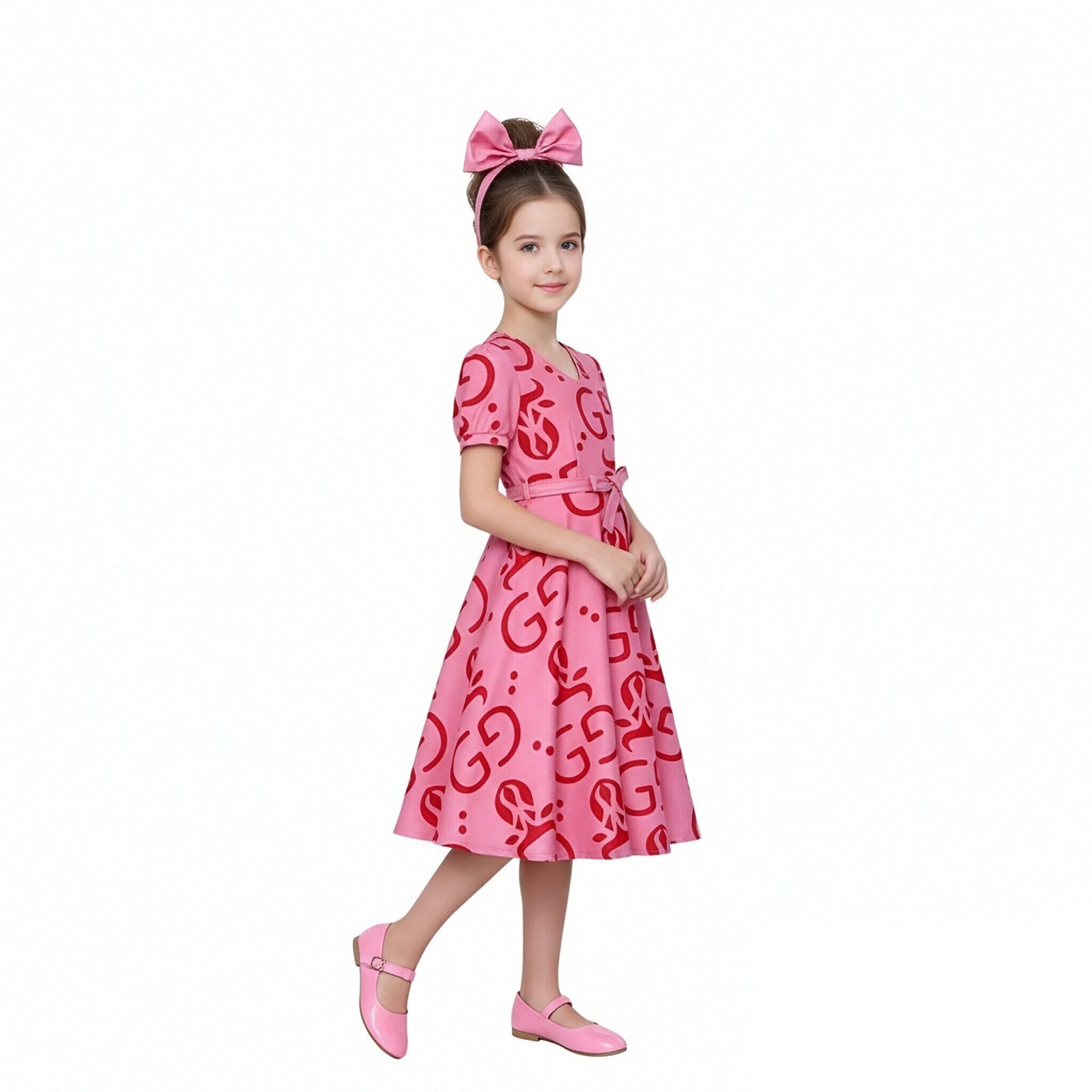 Mommy and Me Pink Dress Flared Party Outfit with Belt and Matching Headband