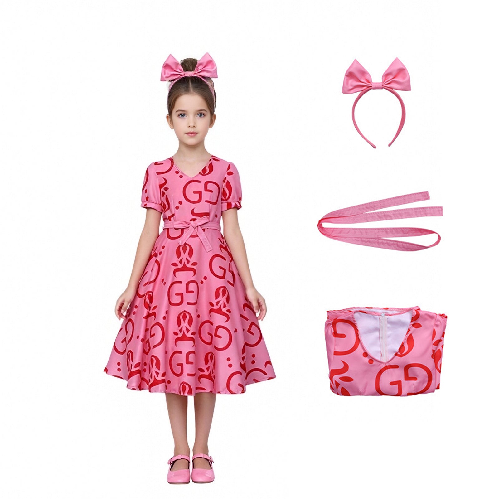 Mommy and Me Pink Dress Flared Party Outfit with Belt and Matching Headband