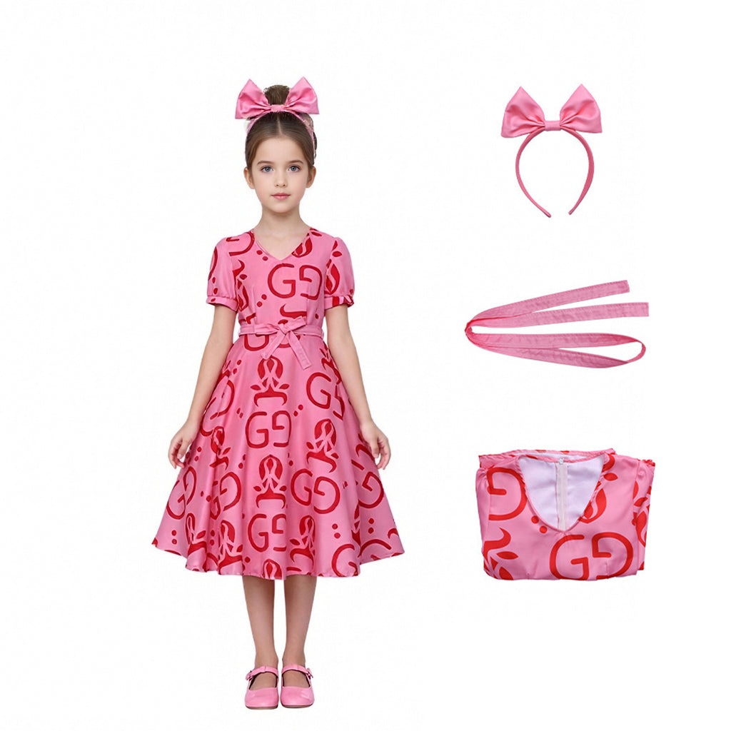 Mommy and Me Pink Dress Flared Party Outfit with Belt and Matching Headband