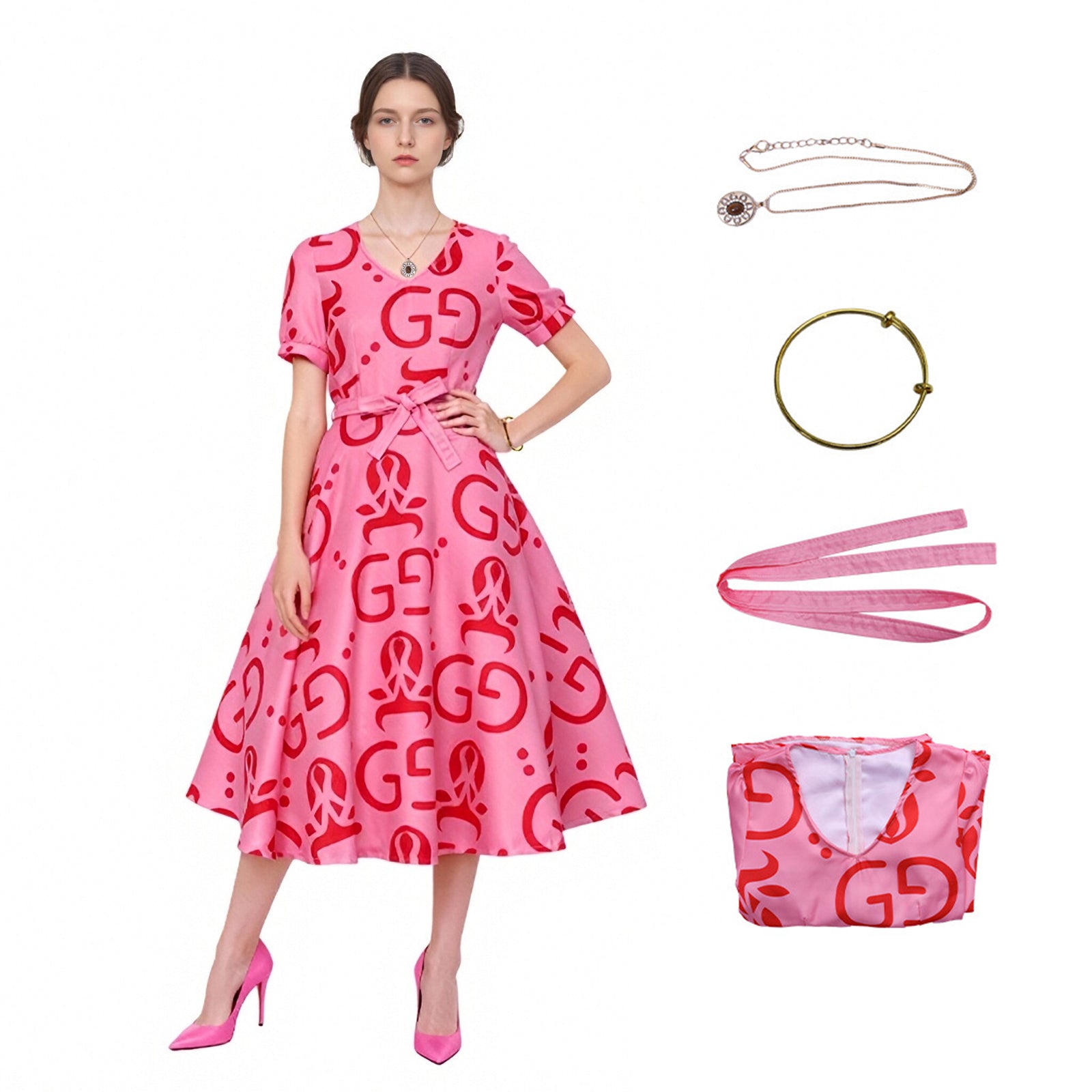 Mommy and Me Pink Dress Flared Party Outfit with Belt and Matching Headband