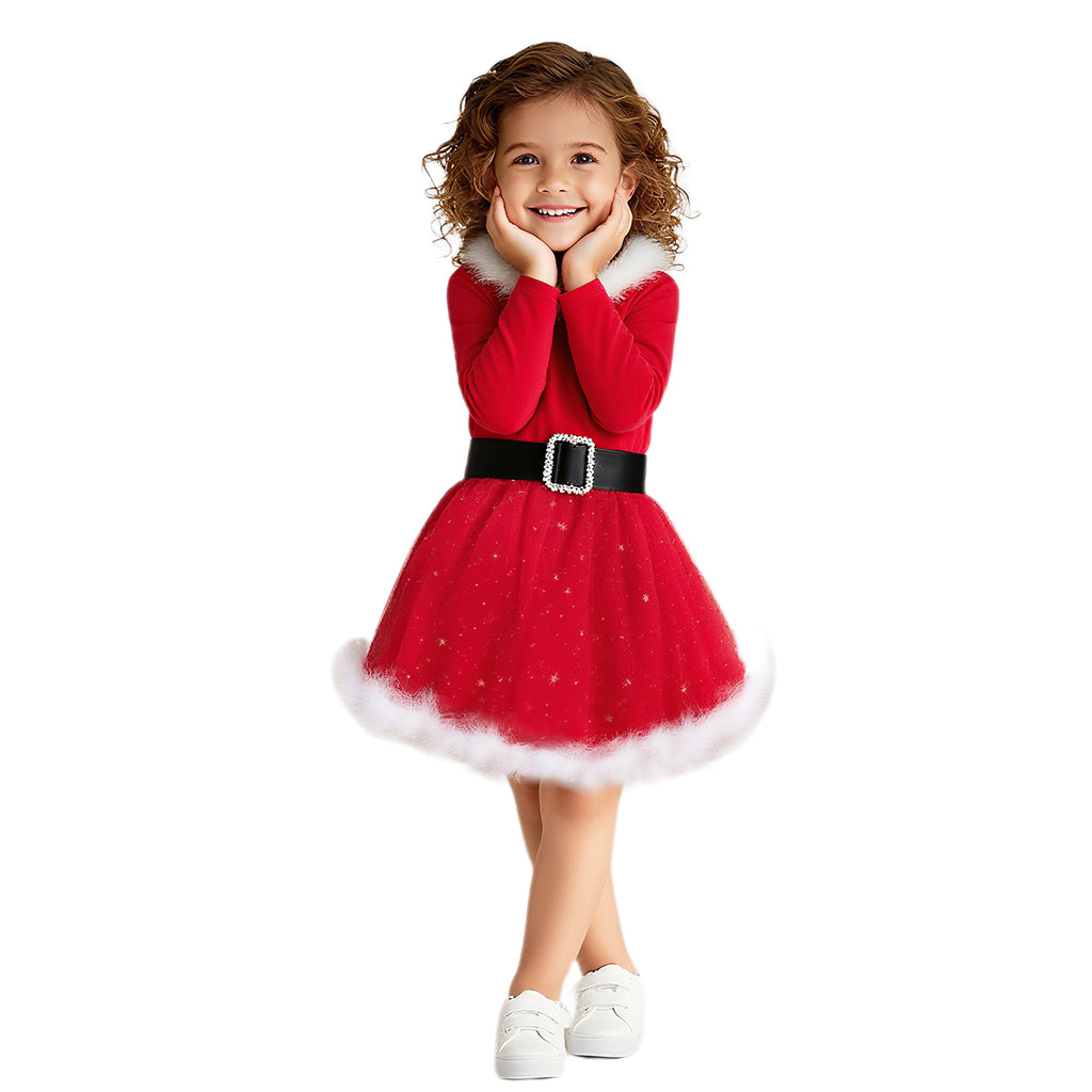 Toddler Baby Girls Santa Dress Red Christmas Long Sleeve Winter Dress with Headwear