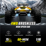 Brushless Fast RC Car 75KMH Remote Control Monster Truck Hobby Level RTR 47Mph 1/16 Remote Control Car