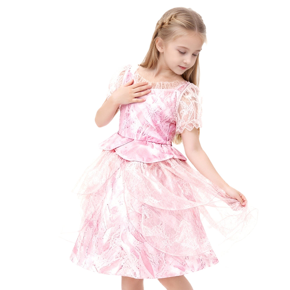 Girls Witch Dress Pink Princess Gown with Sheer Ruffled Sleeves Tiered Tulle Witch Costume