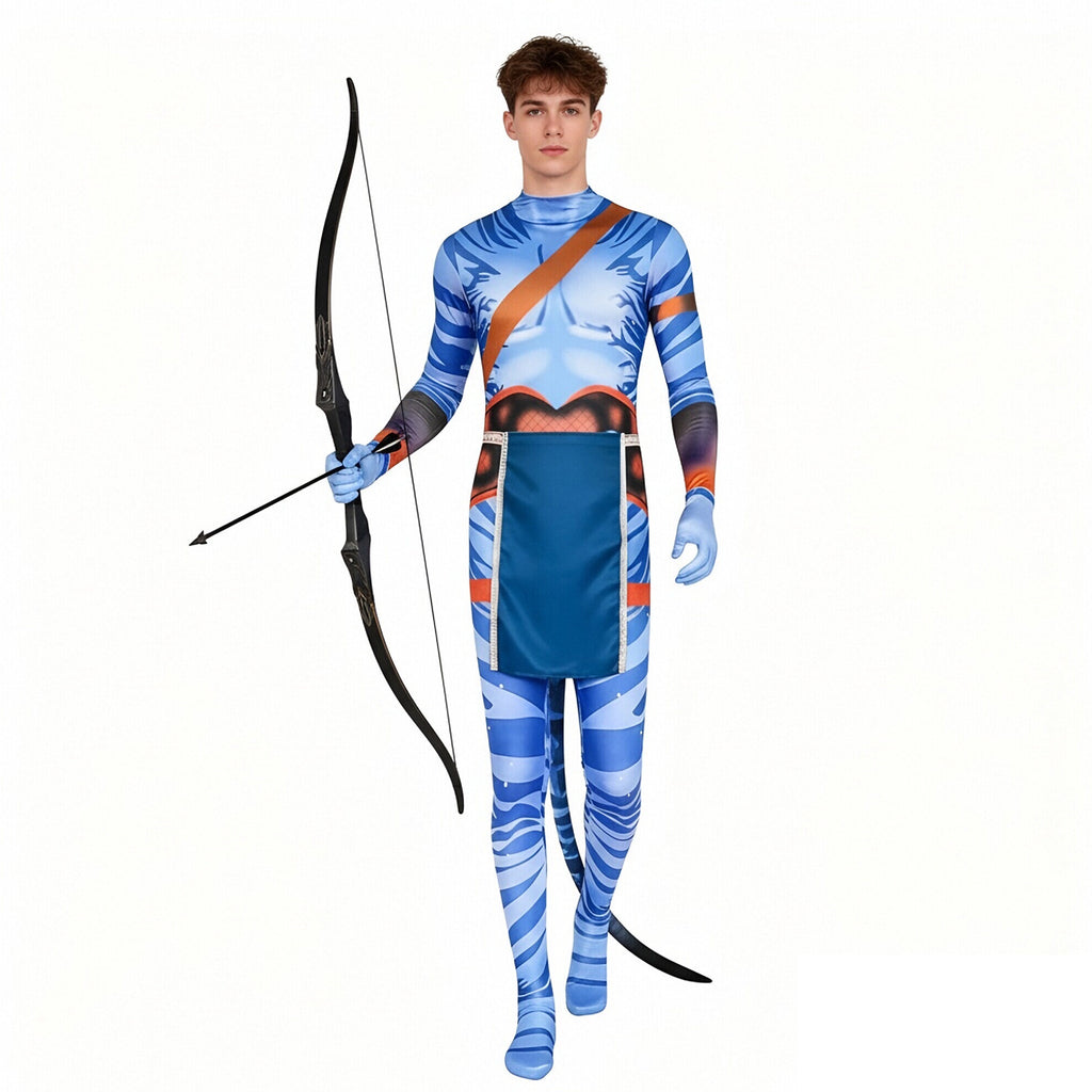 Jake Sully Costume Spandex Na'vi Outfit Blue Jumpsuit with Tail and Apron Set