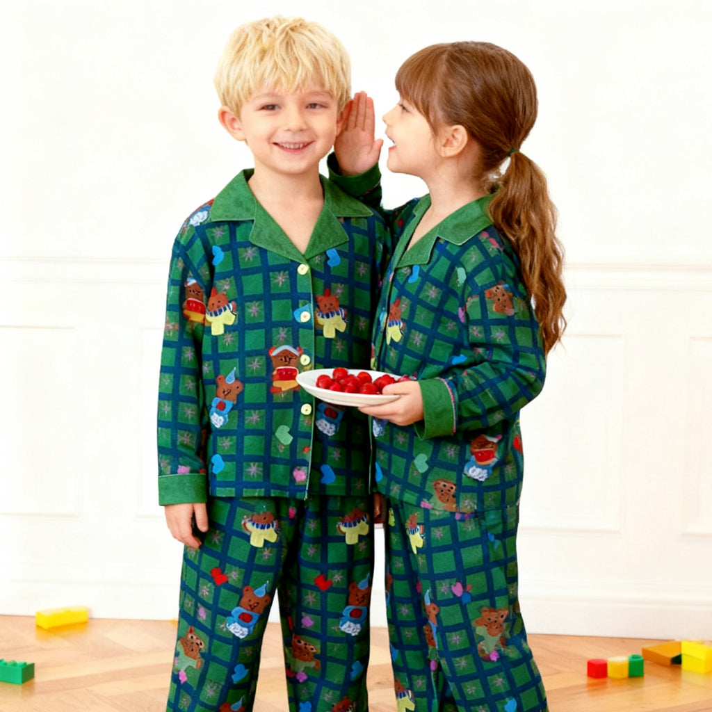 Kids Christmas Pajamas Unisex Green Long Sleeve Button Down Loungewear Plaid Xmas Jammies