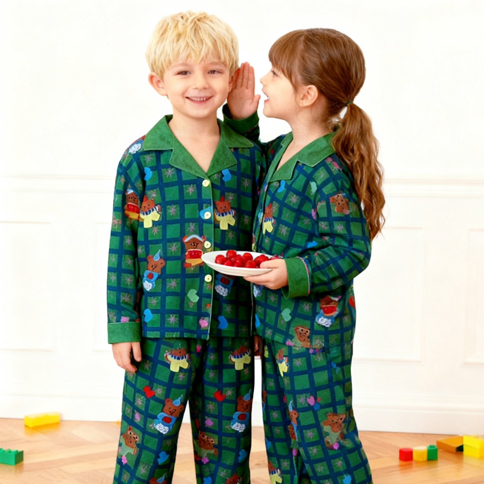 Kids Christmas Pajamas Unisex Green Long Sleeve Button Down Loungewear Plaid Xmas Jammies