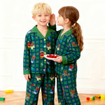 Kids Christmas Pajamas Unisex Green Long Sleeve Button Down Loungewear Plaid Xmas Jammies