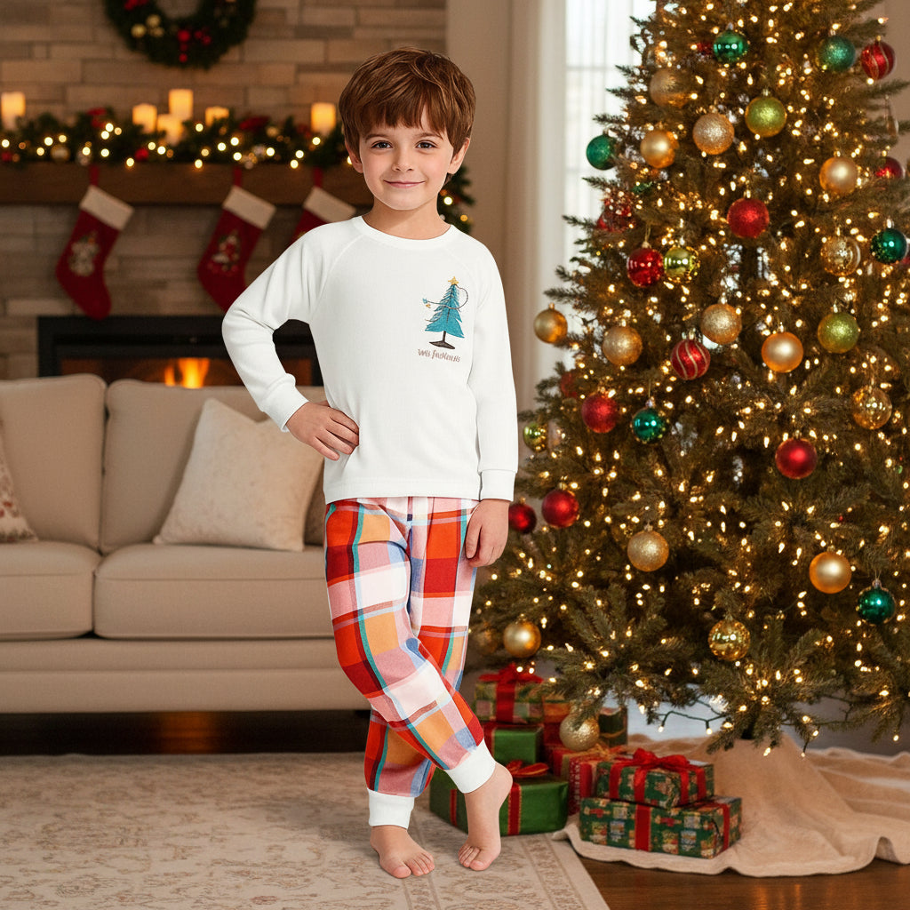 Boys Christmas Pajamas White Long Sleeve Top with Plaid Pants for Sleepwear