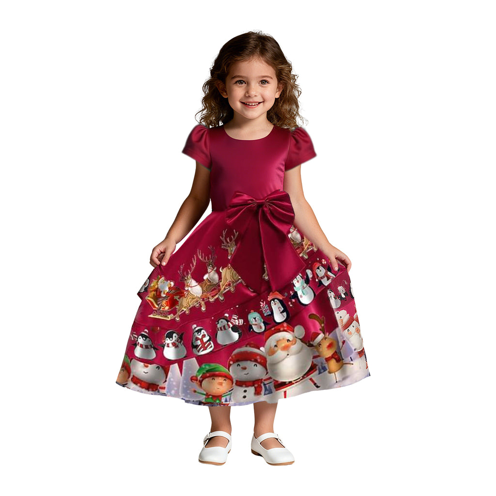 Christmas Party Dress Toddler Kids Short Sleeve Dress Santa Claus Elk Snowman Christmas Dress