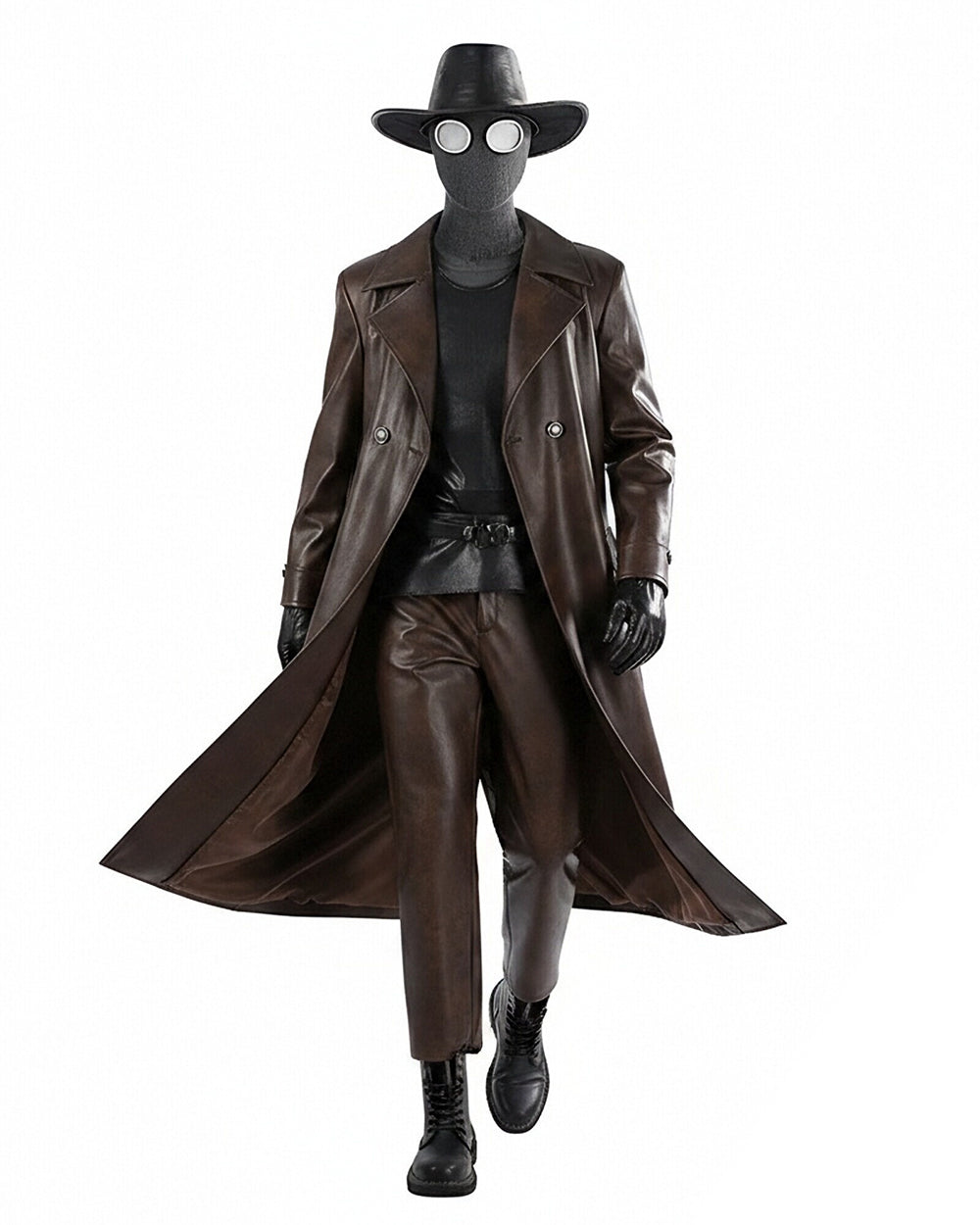 Mens 1930s Retro Spider Detective Costume Dark Brown Vintage Leather Trench Coat Hat with Accessories 8pcs Set for Comic Con