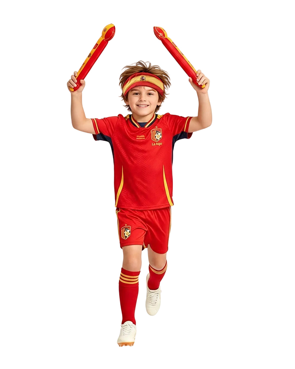 Spain Soccer Jersey Red Football Uniform with Elastic Haedband Inflatable Cheer Sticks for Match Day