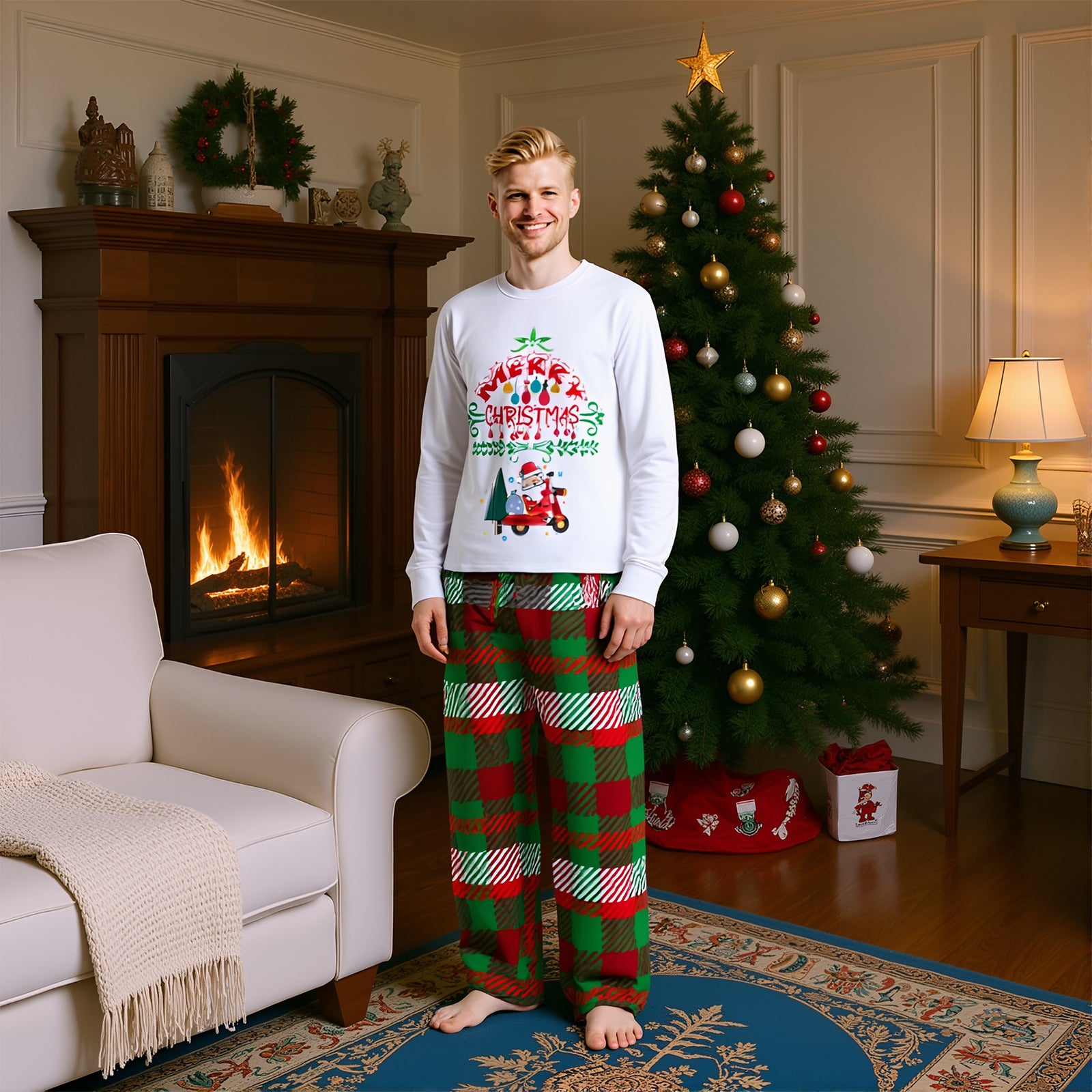 Family Christmas Pajamas Merry Christmas Print Top with Red-Green Plaid Pants Xmas Jammies Set