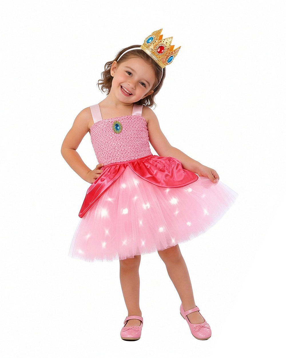 Light Up Princess Dress Pink Peach Tulle Tutu Dress with Crown for Birthday Party