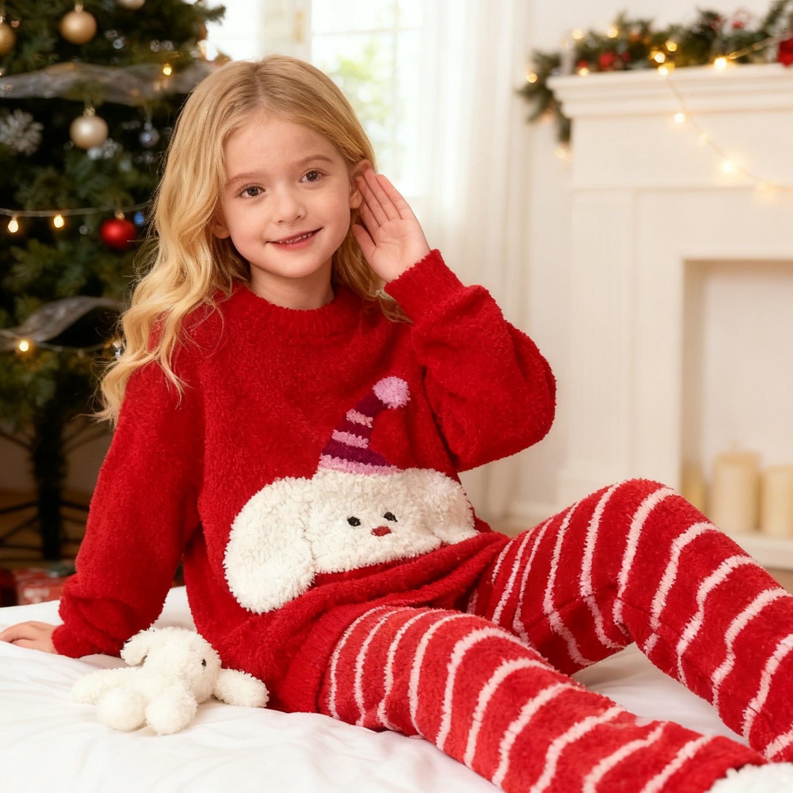 Girls Christmas Sleepwear Red Sweatshirt and Striped Pants for Xmas Eve