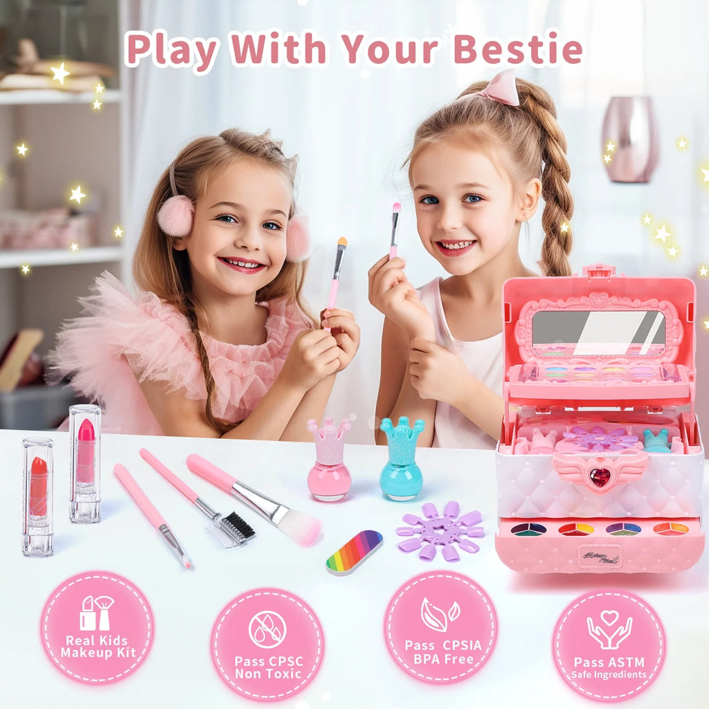Kids Makeup Set Washable Safe Set Multi-Layer Pink Foldable Storage Box Holiday Gift