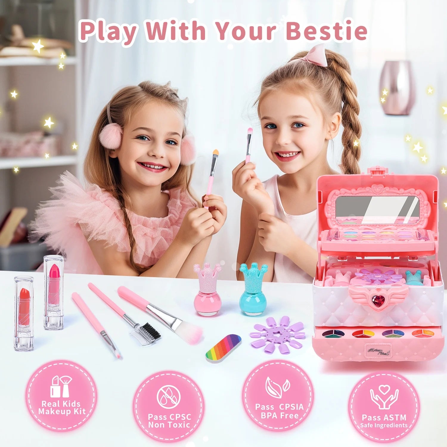 Kids Makeup Set Washable Safe Set Multi-Layer Pink Foldable Storage Box Holiday Gift