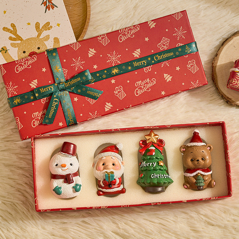 4pcs Christmas Desktop Ornaments Mini Santa Claus Snowman Resin Decor with Gift Box Holiday Gift