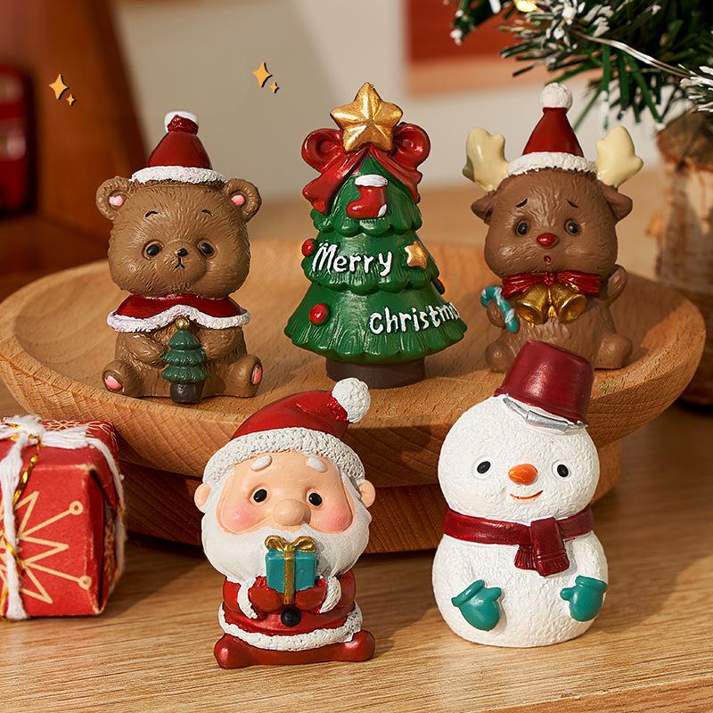 4pcs Christmas Desktop Ornaments Mini Santa Claus Snowman Resin Decor with Gift Box Holiday Gift